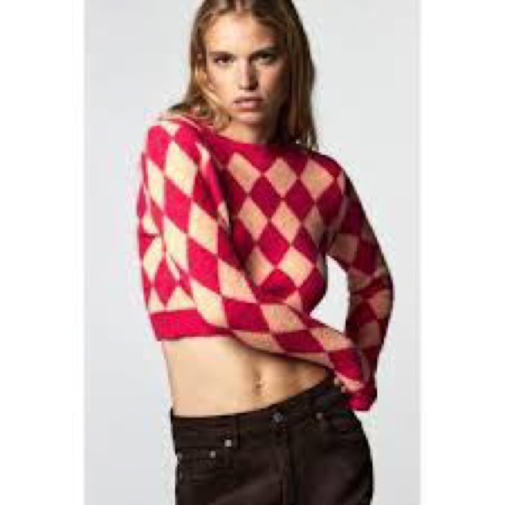 Zara Red and Cream Argyle Sweater